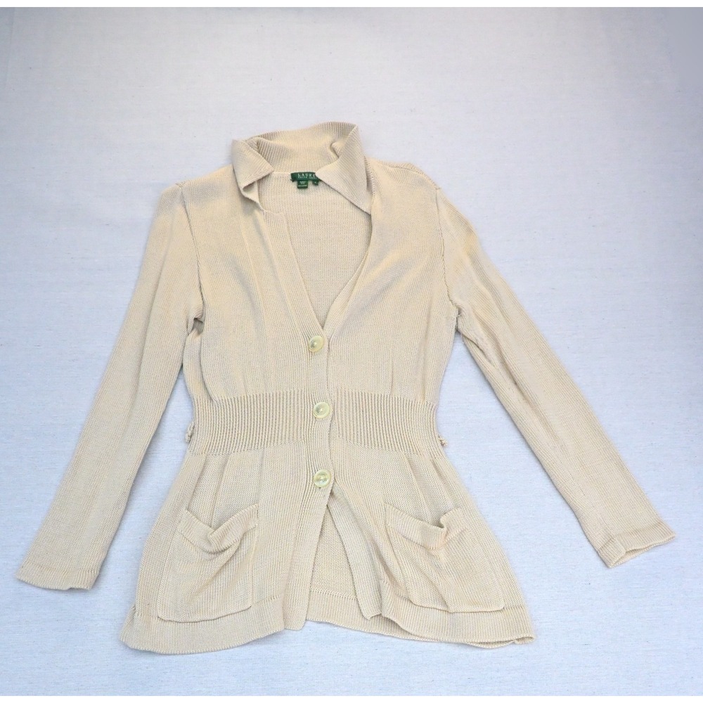Lauren Ralph Lauren Womens L 100% Cotton Cardigan Cream Peplum Ribbed Waist